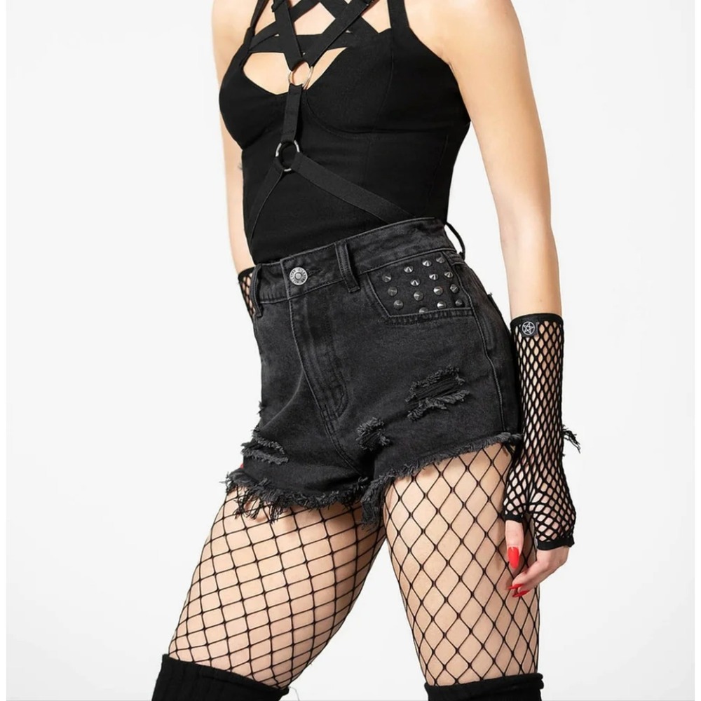 Killstar Womens Freya Studded Denim Shorts Size M Distressed Goth Gothic Grunge